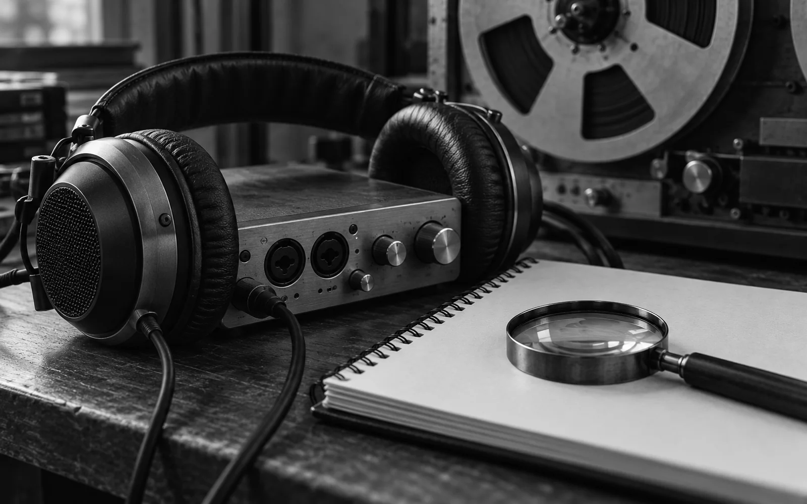 Studio headphones and a magnifying glass beside a recording notebook