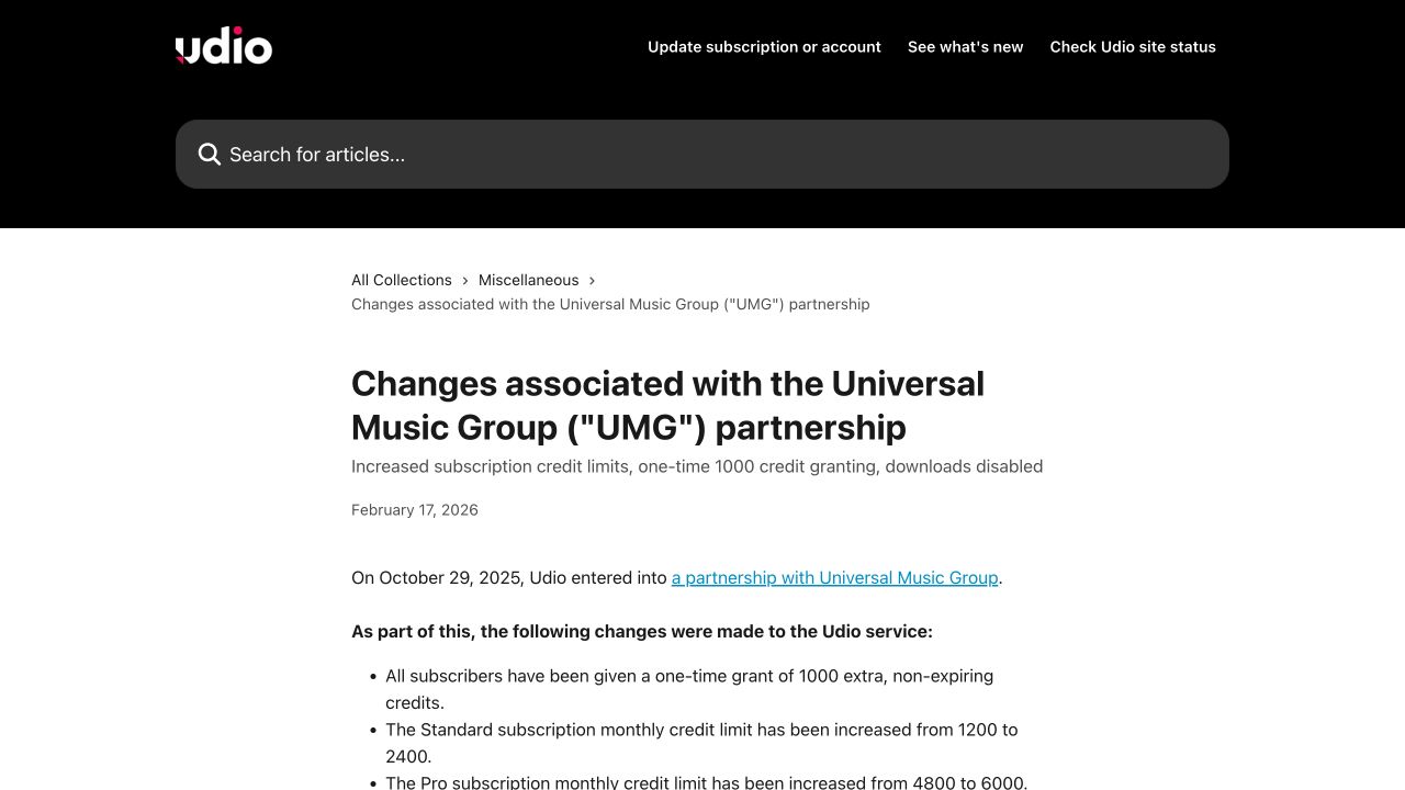 Udio public product information