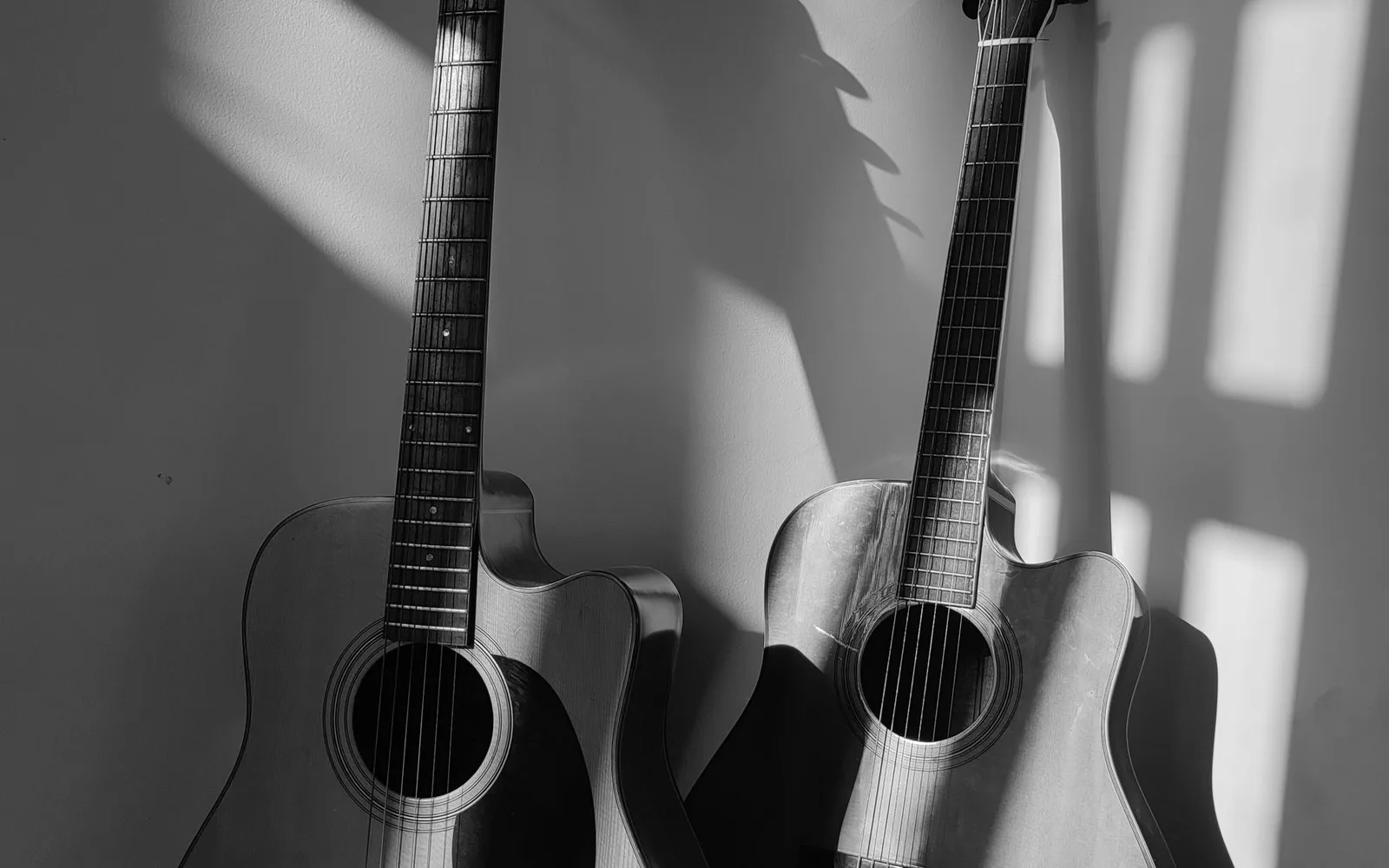 Due chitarre acustiche appoggiate a una parete bianca, che proiettano ombre drammatiche alla luce del sole