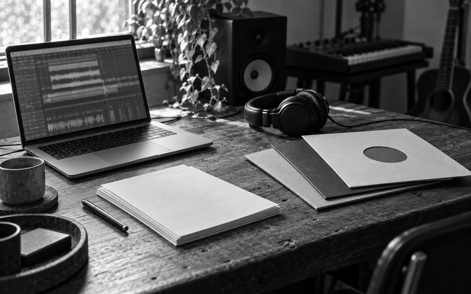 Headphones, record sleeves and release paperwork beside an unbranded laptop