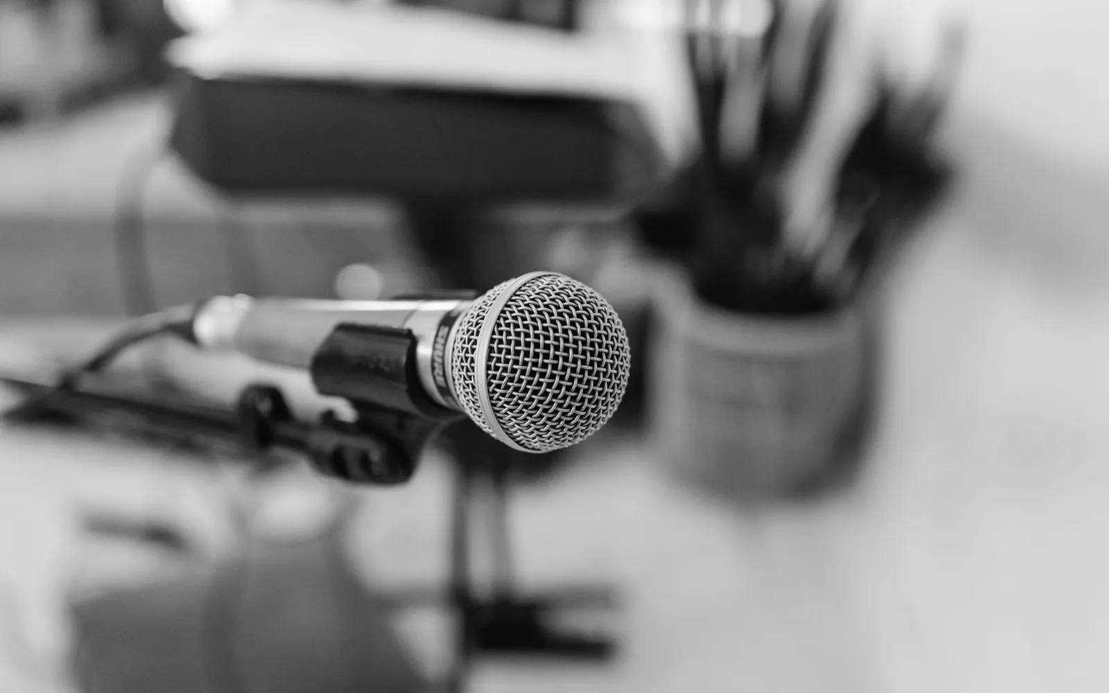 A vocal microphone on a stand in a recording space