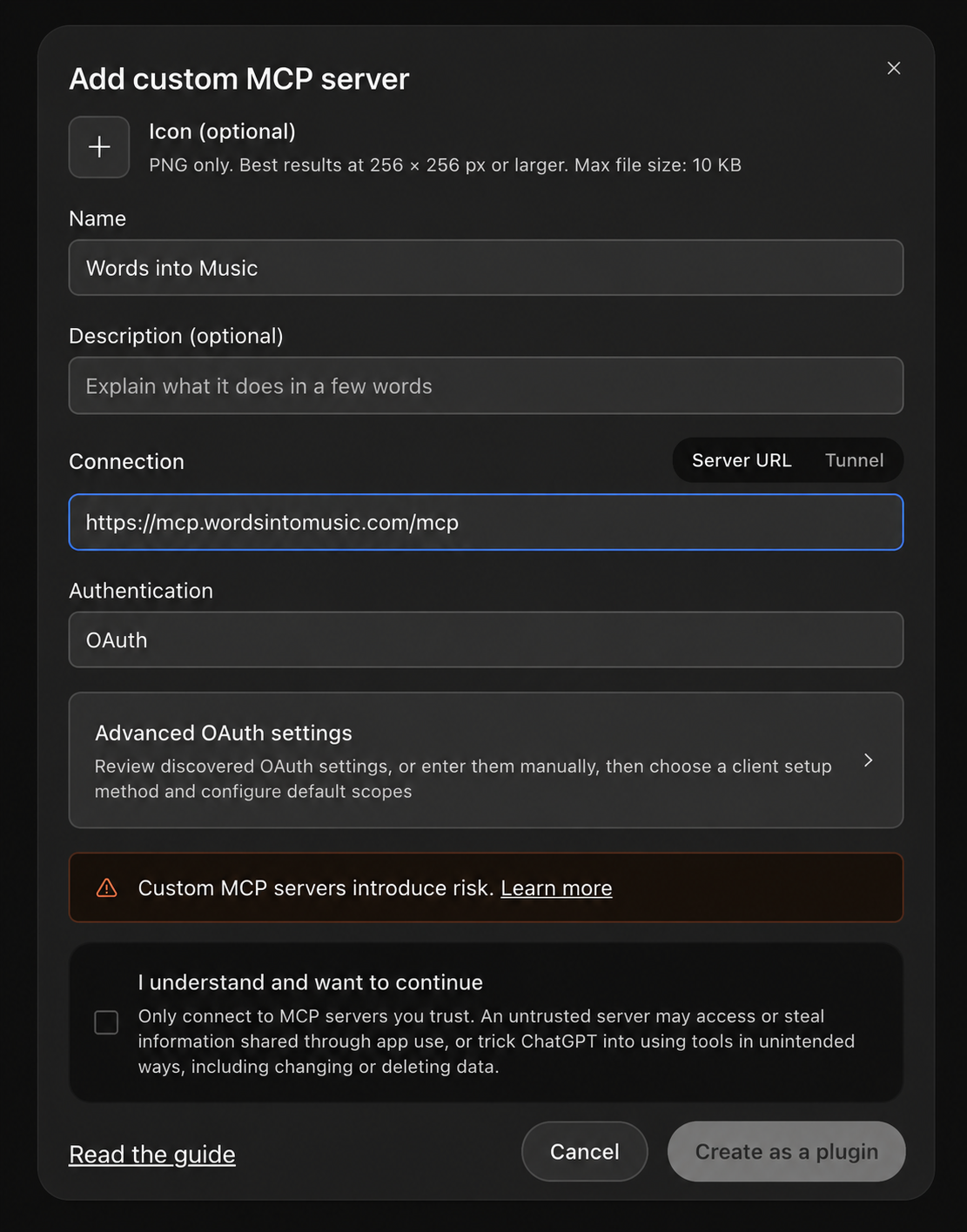 Darstellung des ChatGPT-MCP-Formulars mit öffentlicher Server-URL und OAuth