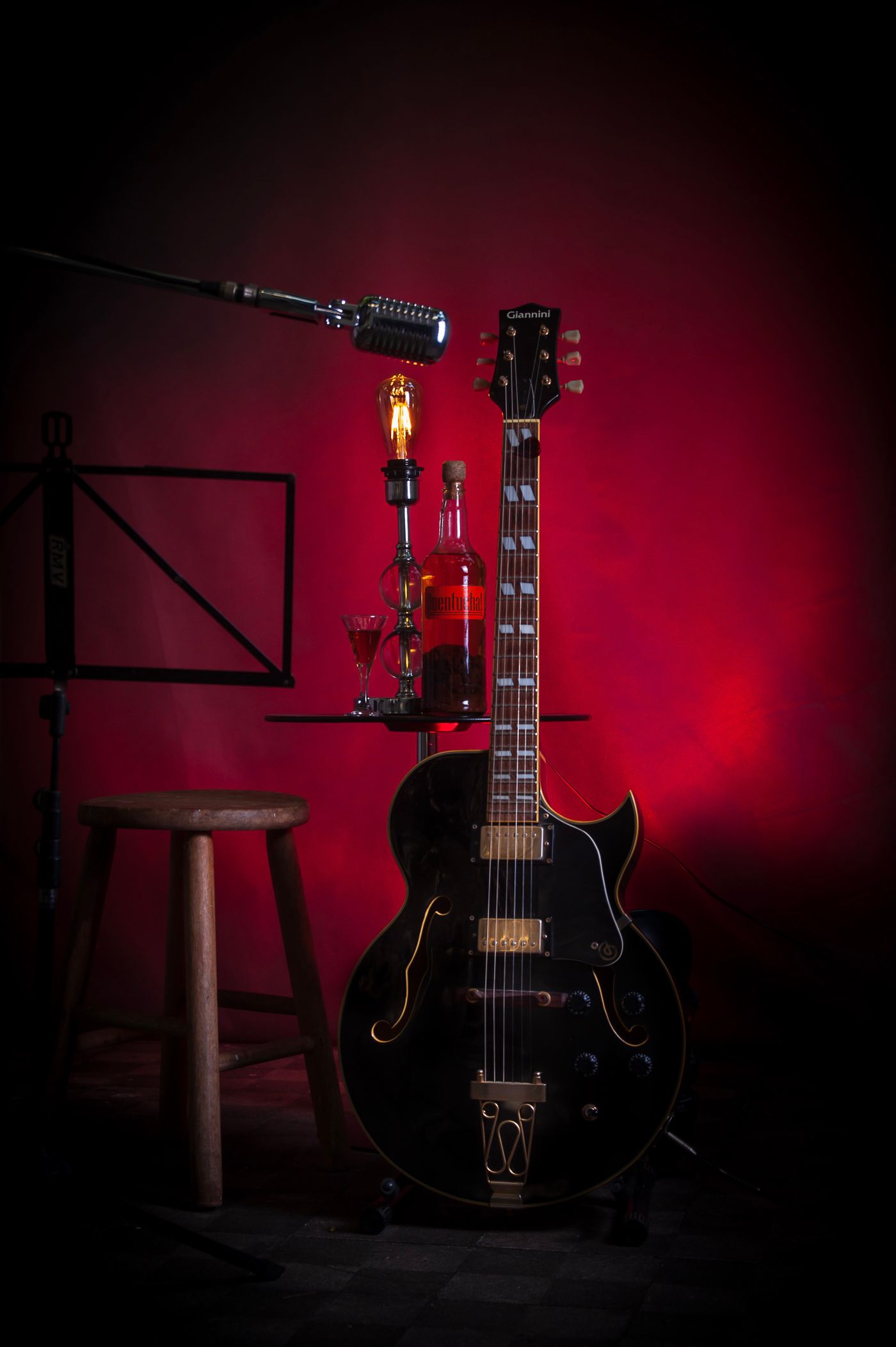 Eine E-Gitarre neben einem Studiomikrofon