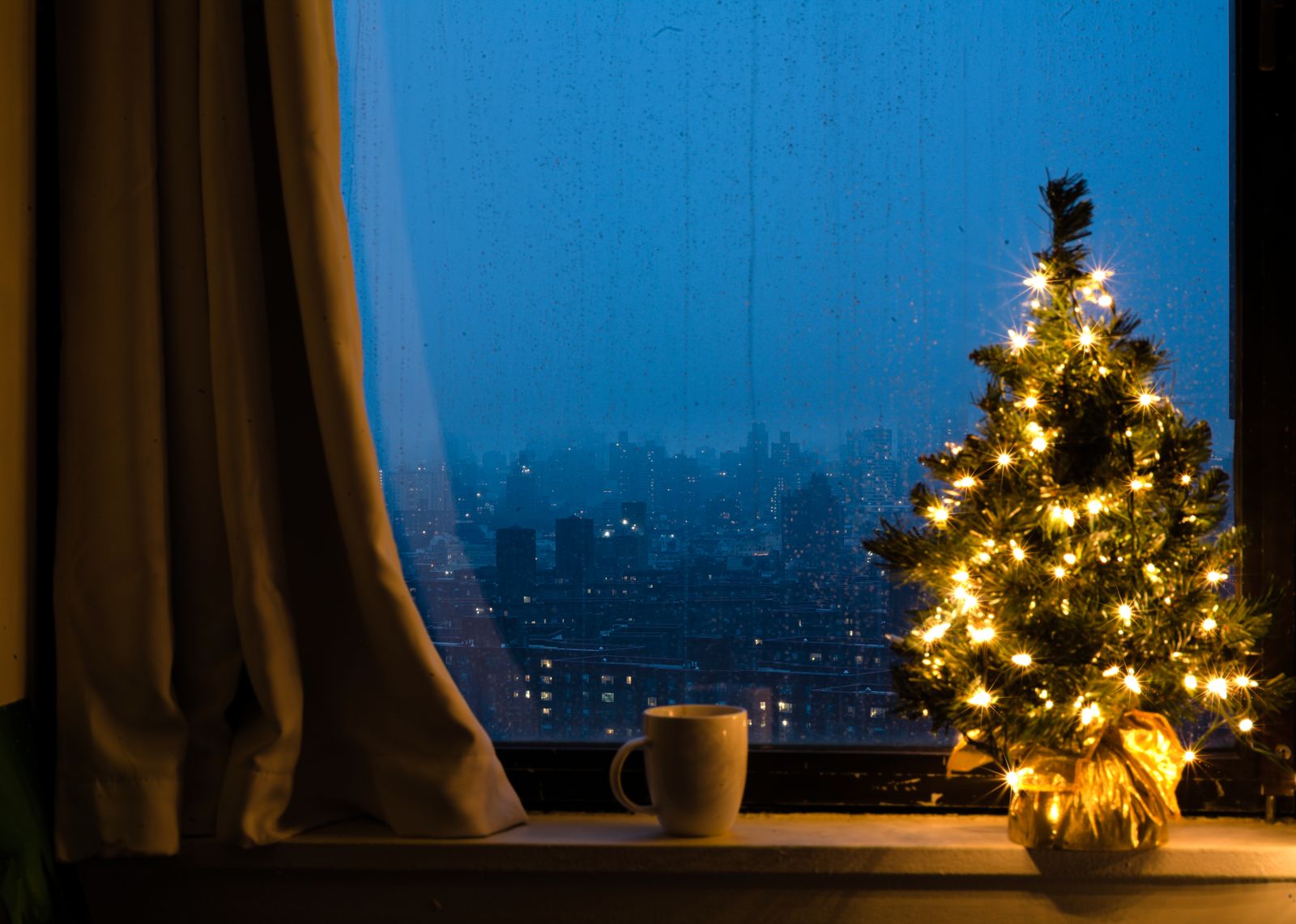 A small illuminated Christmas tree beside a rainy city window
