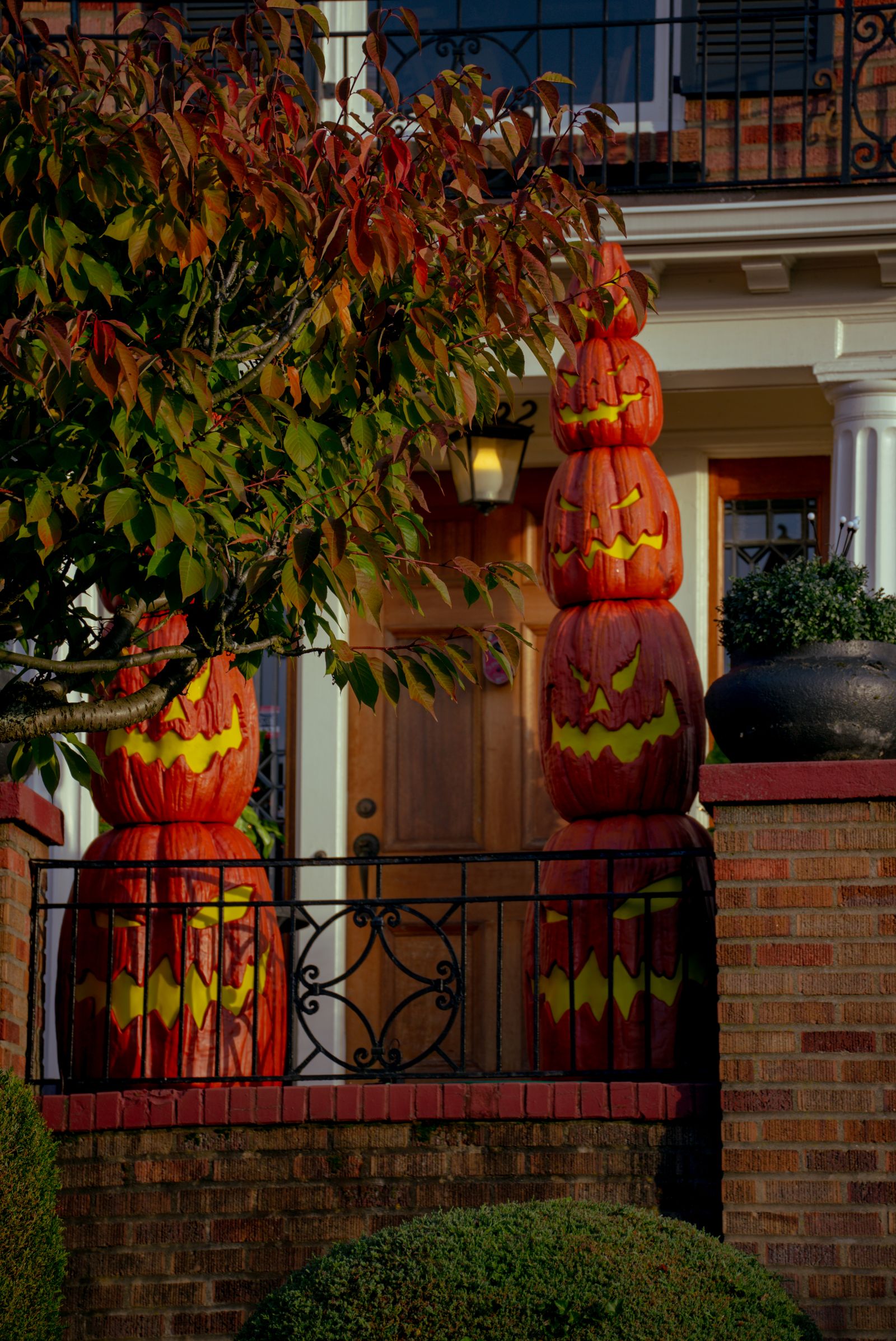 Pumpkin decorations outside a house for Halloween