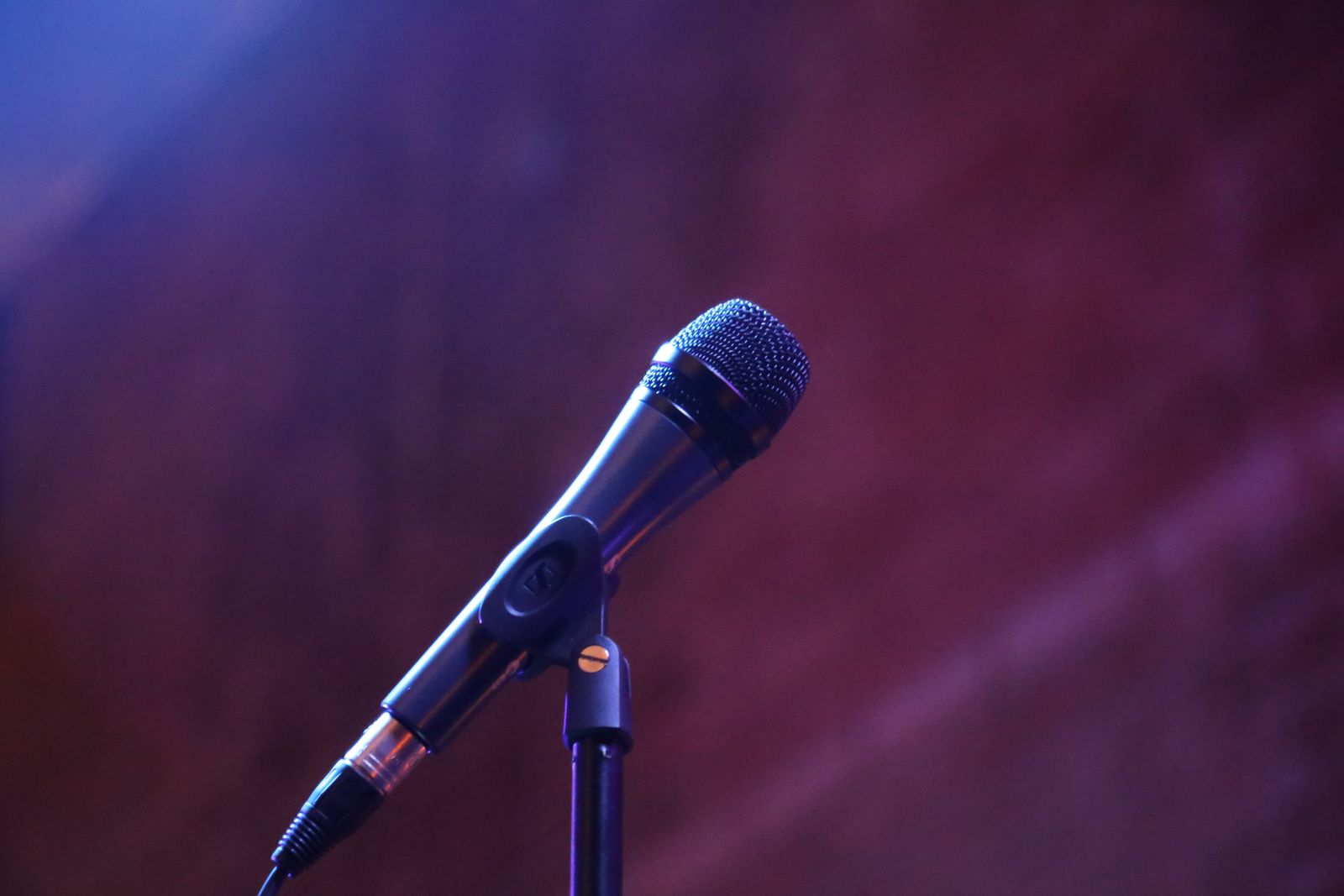 A close view of a microphone on its stand